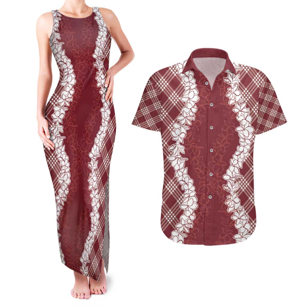 Hawaii Aloha Plumeria Lei Scarlet Palaka Couples Matching Tank Maxi Dress and Hawaiian Shirt - Polynesian Pride