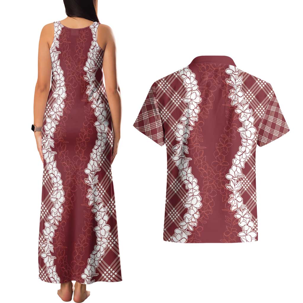 Hawaii Aloha Plumeria Lei Scarlet Palaka Couples Matching Tank Maxi Dress and Hawaiian Shirt - Polynesian Pride