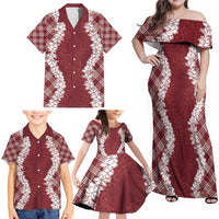 Hawaii Aloha Plumeria Lei Scarlet Palaka Family Matching Off Shoulder Maxi Dress and Hawaiian Shirt - Polynesian Pride