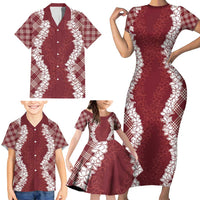 Hawaii Aloha Plumeria Lei Scarlet Palaka Family Matching Short Sleeve Bodycon Dress and Hawaiian Shirt - Polynesian Pride