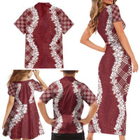 Hawaii Aloha Plumeria Lei Scarlet Palaka Family Matching Short Sleeve Bodycon Dress and Hawaiian Shirt - Polynesian Pride