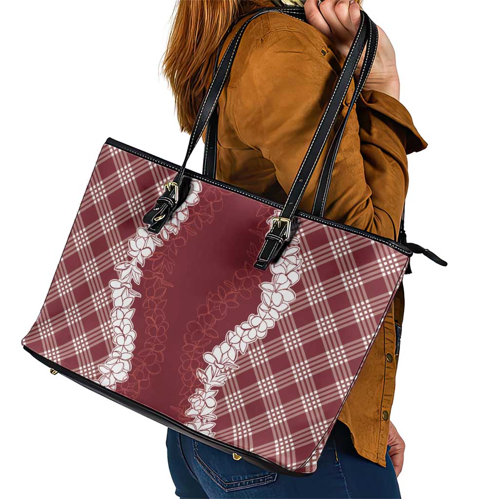 Hawaii Aloha Plumeria Lei Scarlet Palaka Leather Tote Bag - Polynesian Pride