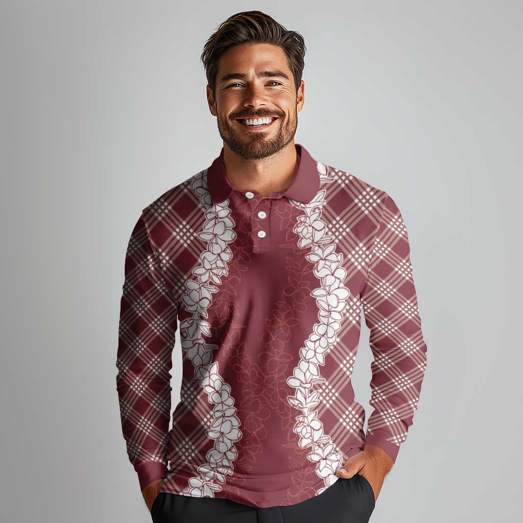 Hawaii Aloha Plumeria Lei Scarlet Palaka Long Sleeve Polo Shirt LT7 - Polynesian Pride