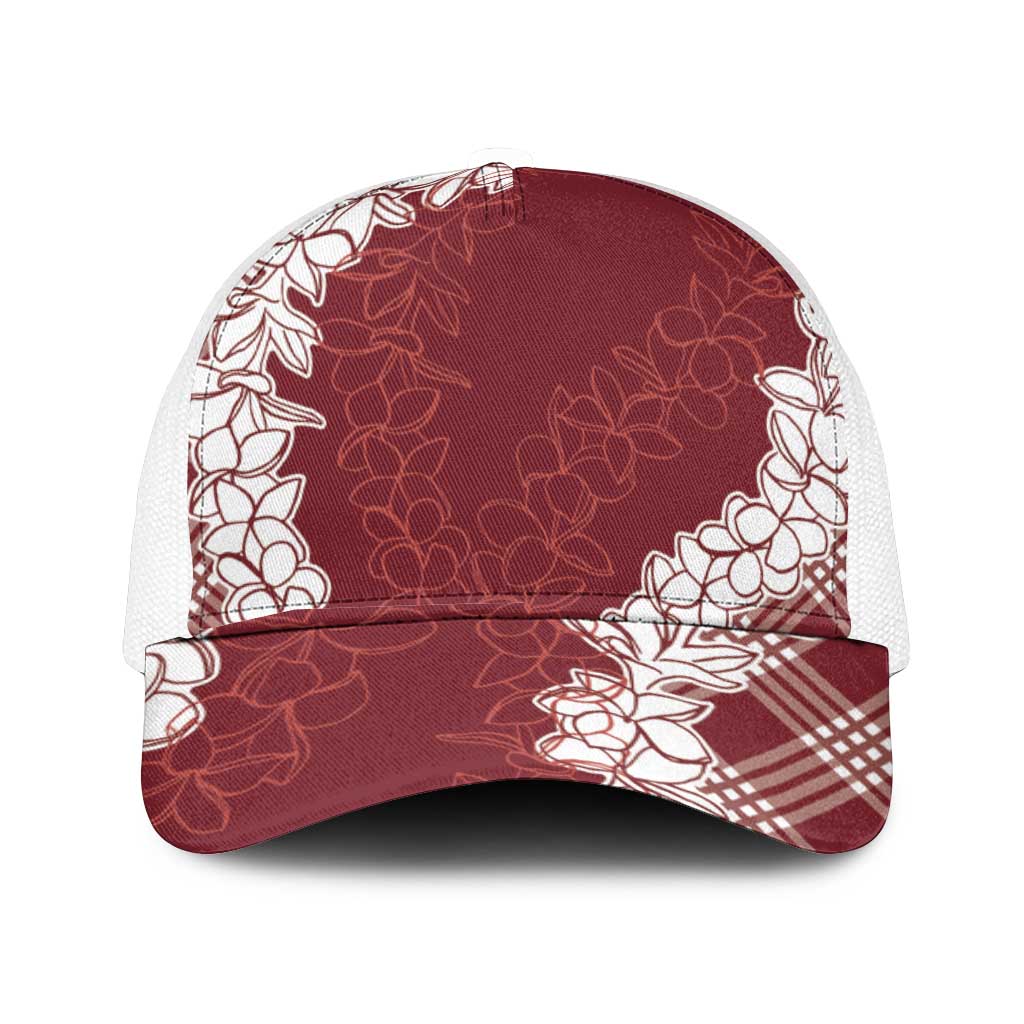 Hawaii Aloha Plumeria Lei Scarlet Palaka Mesh Trucker Cap - Polynesian Pride