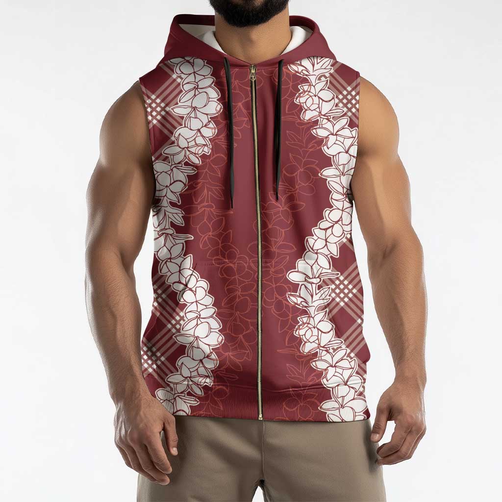 Hawaii Aloha Plumeria Lei Scarlet Palaka Sleeveless Zip Hoodie - Polynesian Pride