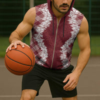 Hawaii Aloha Plumeria Lei Scarlet Palaka Sleeveless Zip Hoodie - Polynesian Pride