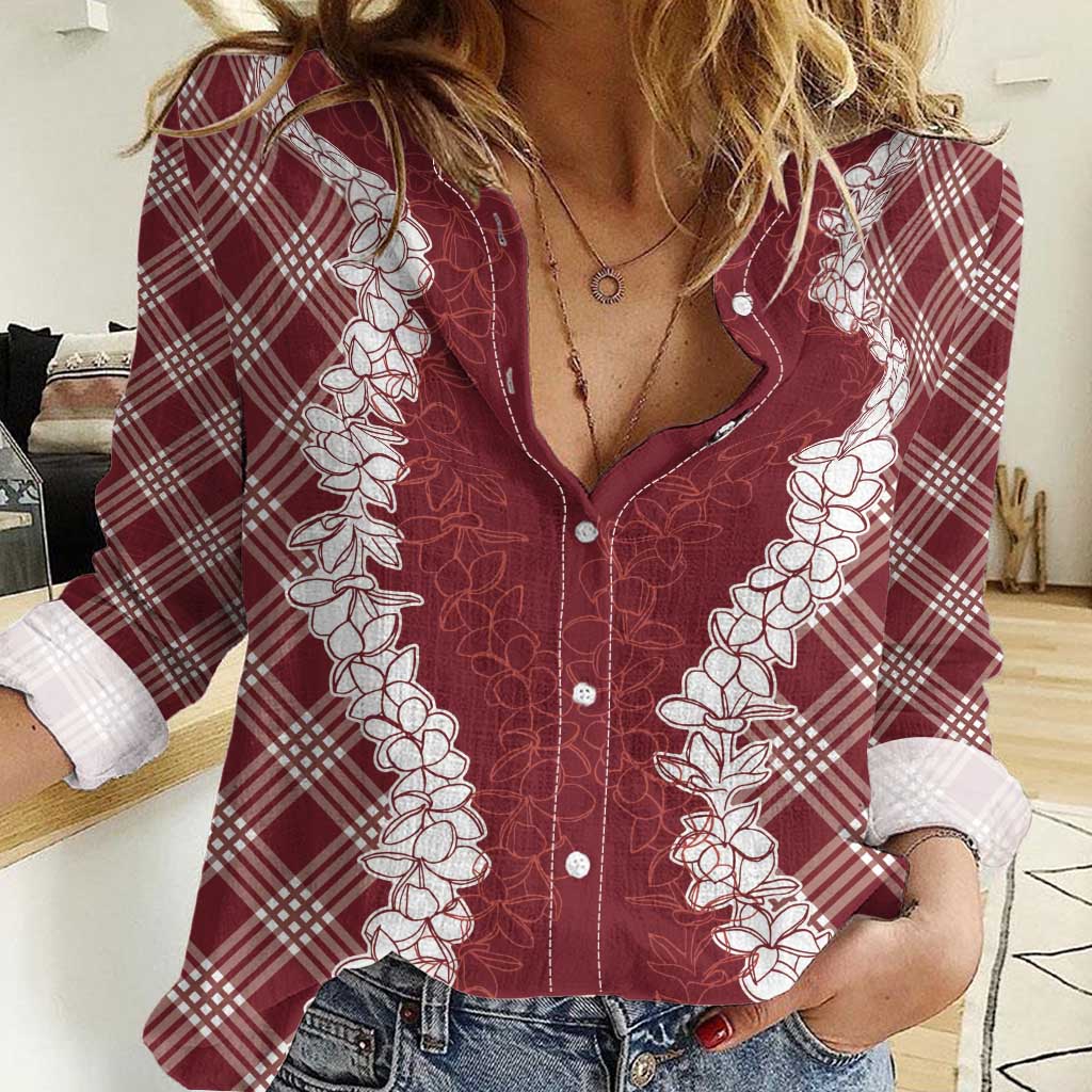 Hawaii Aloha Plumeria Lei Scarlet Palaka Women Casual Shirt - Polynesian Pride
