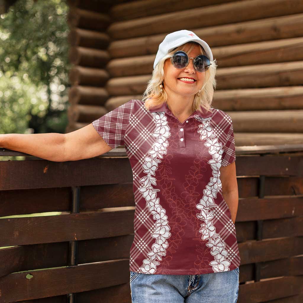 Hawaii Aloha Plumeria Lei Scarlet Palaka Women Polo Shirt - Polynesian Pride