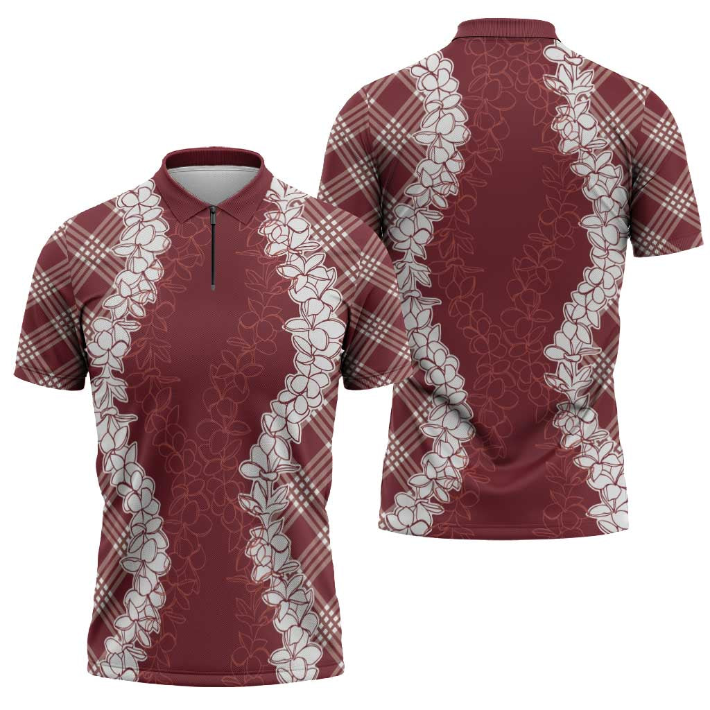 Hawaii Aloha Plumeria Lei Scarlet Palaka Zipper Polo Shirt LT7 - Polynesian Pride
