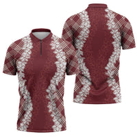 Hawaii Aloha Plumeria Lei Scarlet Palaka Zipper Polo Shirt LT7 - Polynesian Pride