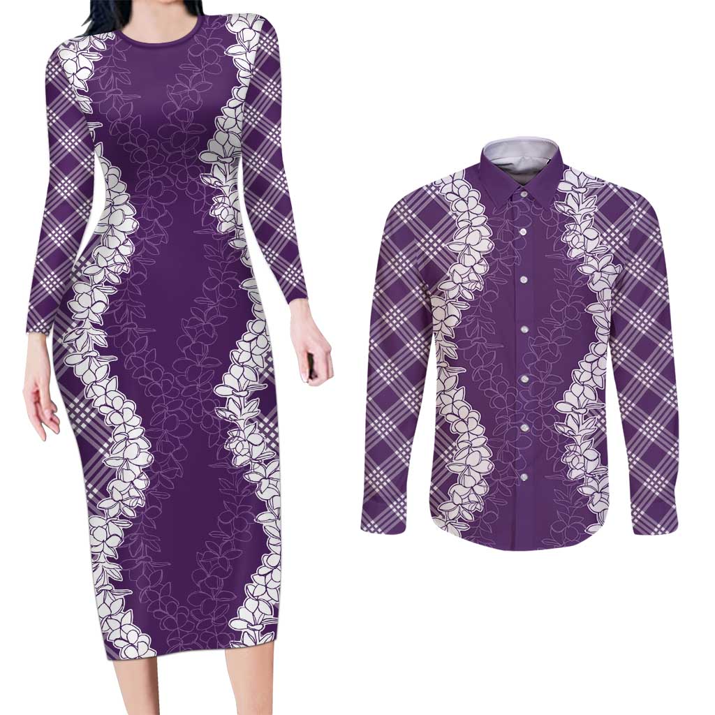 Hawaii Aloha Plumeria Lei Violet Palaka Couples Matching Long Sleeve Bodycon Dress and Long Sleeve Button Shirt - Polynesian Pride