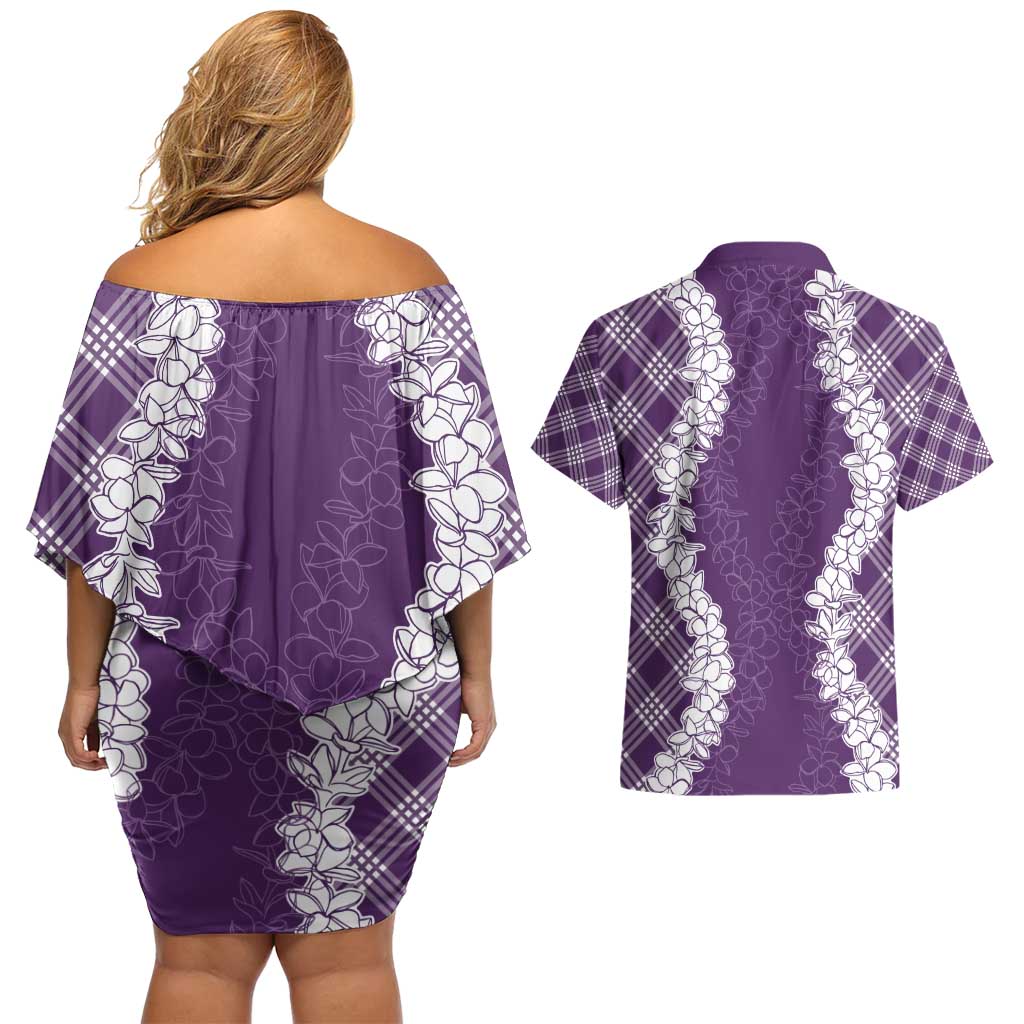 Hawaii Aloha Plumeria Lei Violet Palaka Couples Matching Off Shoulder Short Dress and Hawaiian Shirt - Polynesian Pride