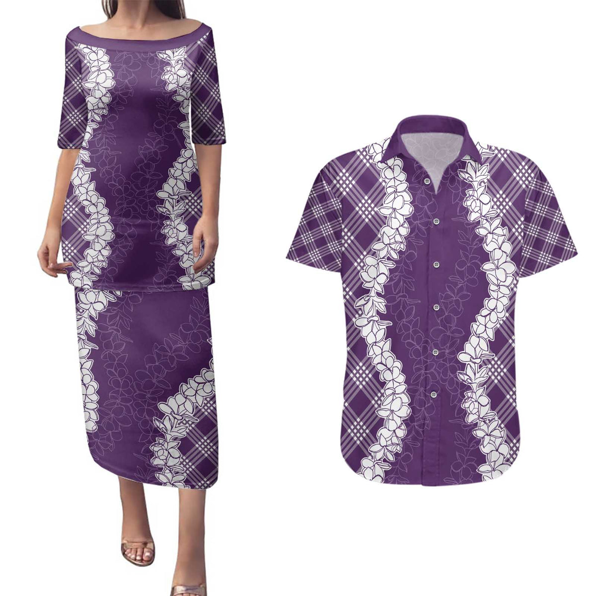Hawaii Aloha Plumeria Lei Violet Palaka Couples Matching Puletasi and Hawaiian Shirt LT7 Violet - Polynesian Pride