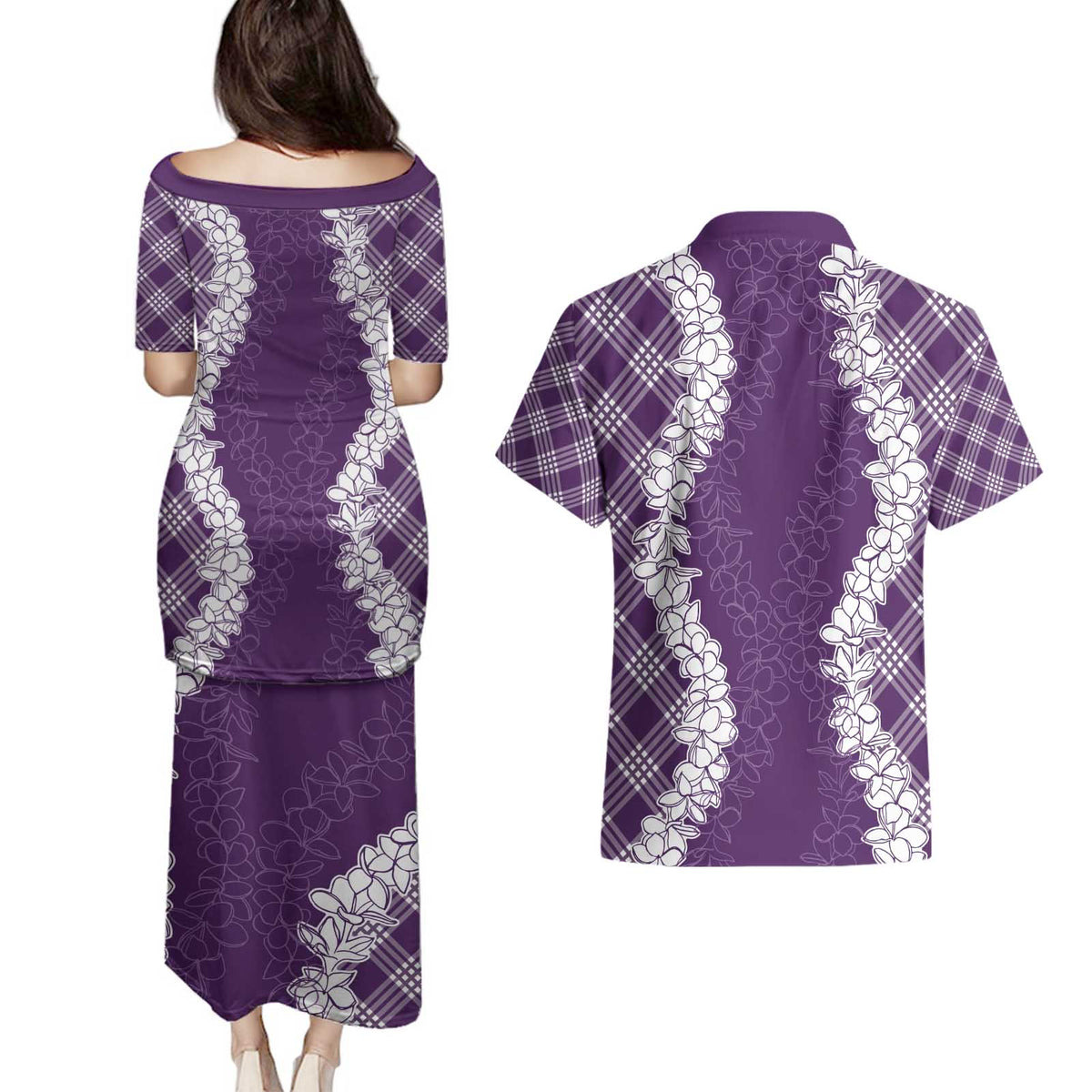 Hawaii Aloha Plumeria Lei Violet Palaka Couples Matching Puletasi and Hawaiian Shirt LT7 - Polynesian Pride