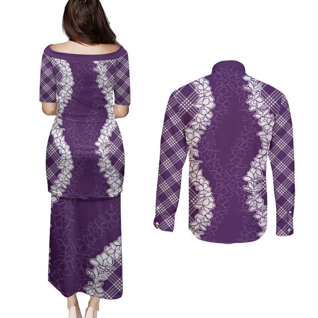 Hawaii Aloha Plumeria Lei Violet Palaka Couples Matching Puletasi and Long Sleeve Button Shirt LT7 - Polynesian Pride