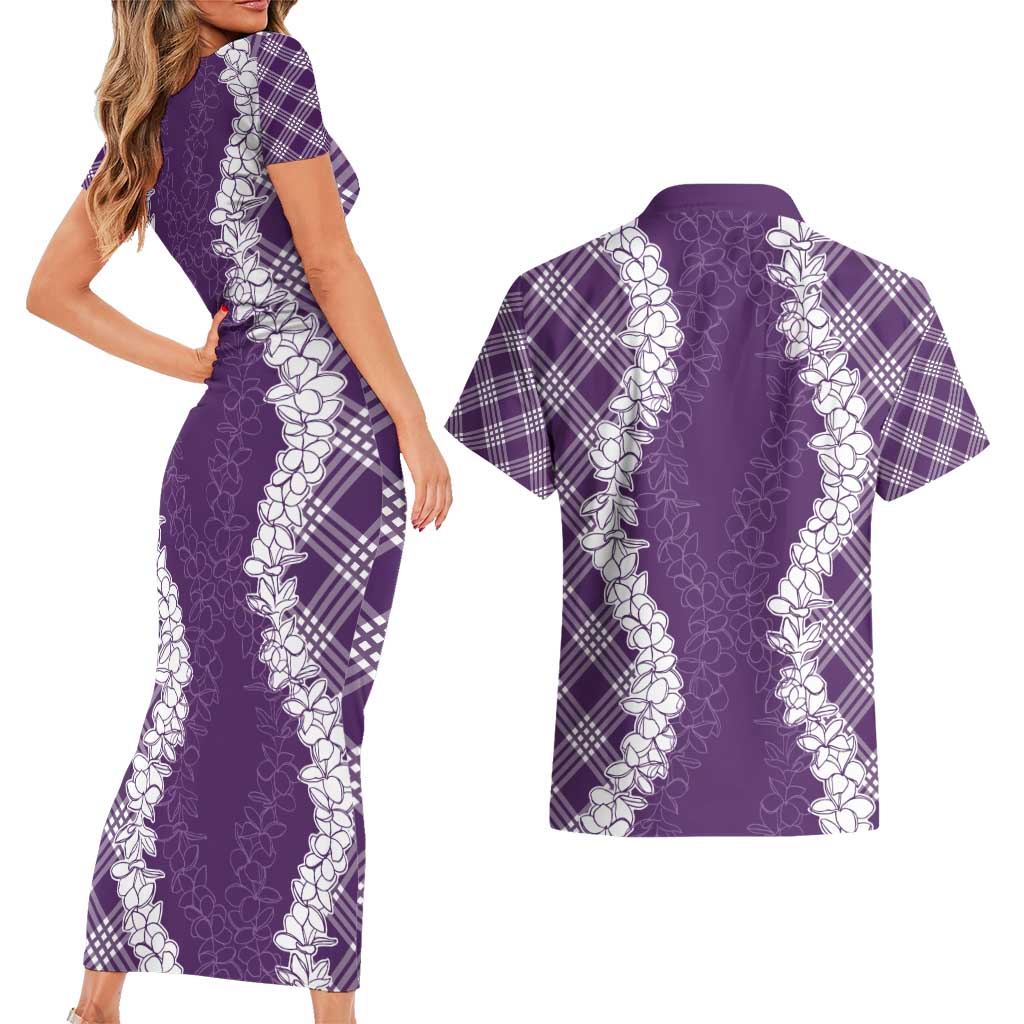 Hawaii Aloha Plumeria Lei Violet Palaka Couples Matching Short Sleeve Bodycon Dress and Hawaiian Shirt - Polynesian Pride