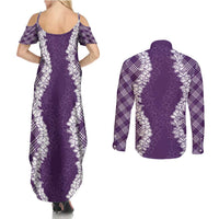 Hawaii Aloha Plumeria Lei Violet Palaka Couples Matching Summer Maxi Dress and Long Sleeve Button Shirt - Polynesian Pride