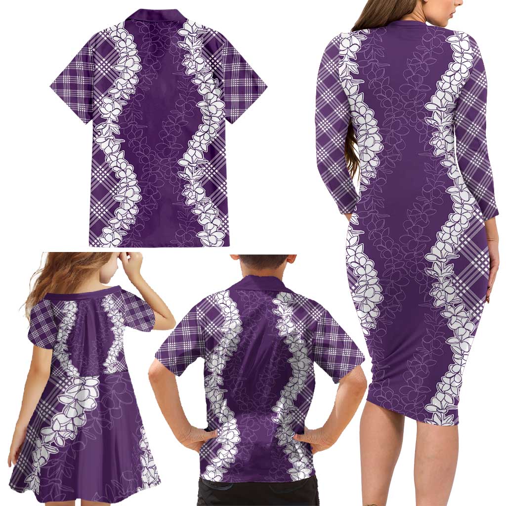 Hawaii Aloha Plumeria Lei Violet Palaka Family Matching Long Sleeve Bodycon Dress and Hawaiian Shirt - Polynesian Pride