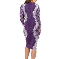 Hawaii Aloha Plumeria Lei Violet Palaka Family Matching Long Sleeve Bodycon Dress and Hawaiian Shirt - Polynesian Pride