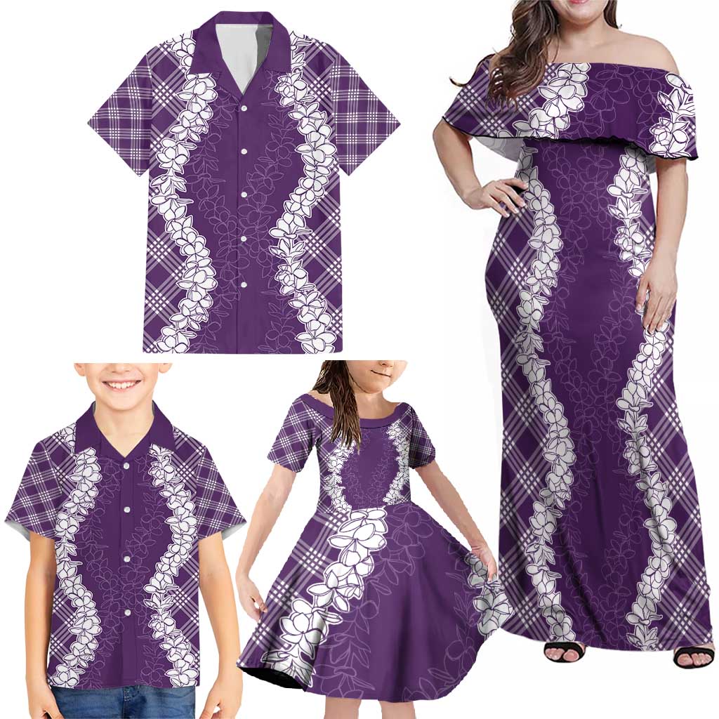 Hawaii Aloha Plumeria Lei Violet Palaka Family Matching Off Shoulder Maxi Dress and Hawaiian Shirt - Polynesian Pride