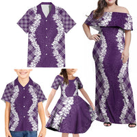 Hawaii Aloha Plumeria Lei Violet Palaka Family Matching Off Shoulder Maxi Dress and Hawaiian Shirt - Polynesian Pride