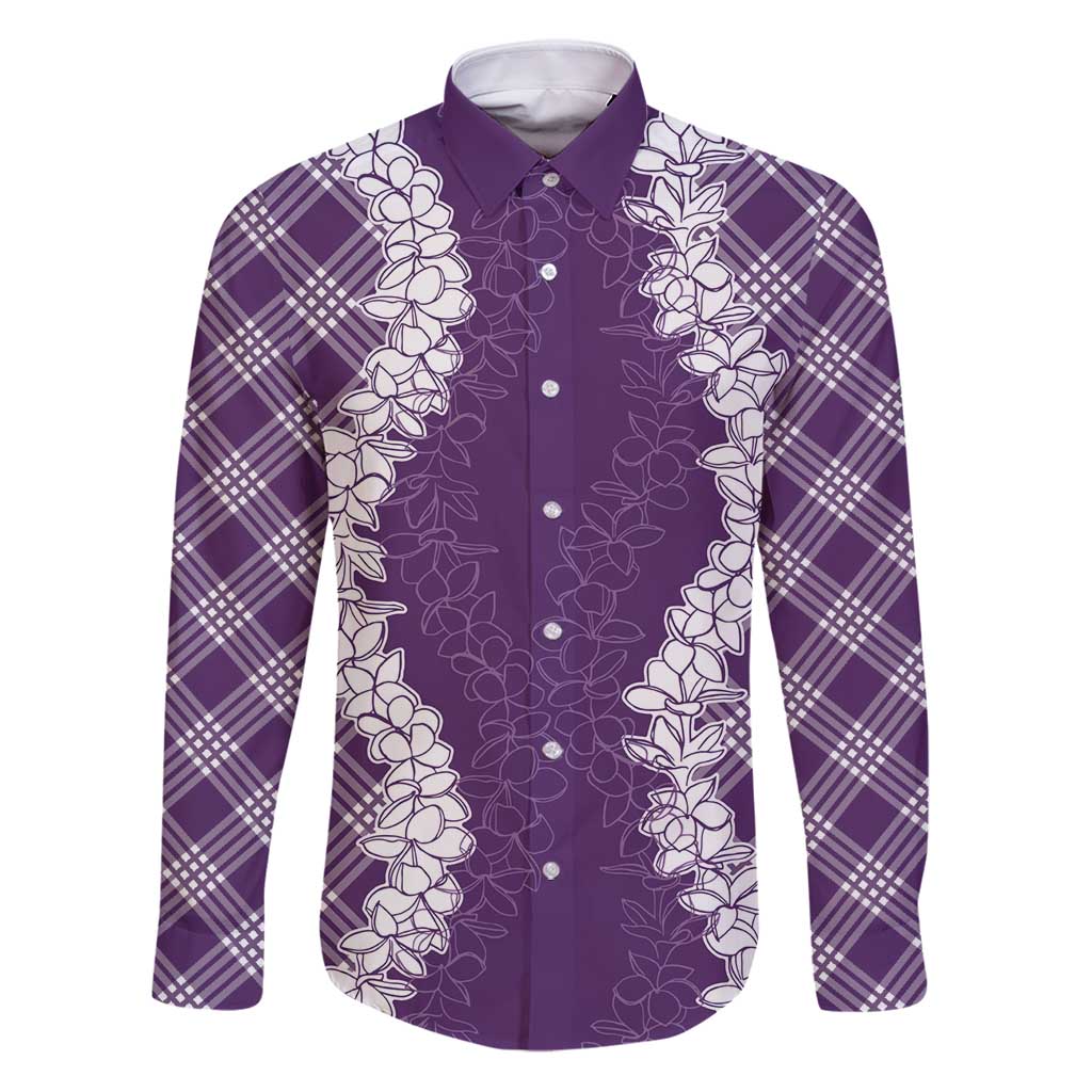 Hawaii Aloha Plumeria Lei Violet Palaka Family Matching Puletasi and Hawaiian Shirt LT7 Dad's Shirt - Long Sleeve Violet - Polynesian Pride