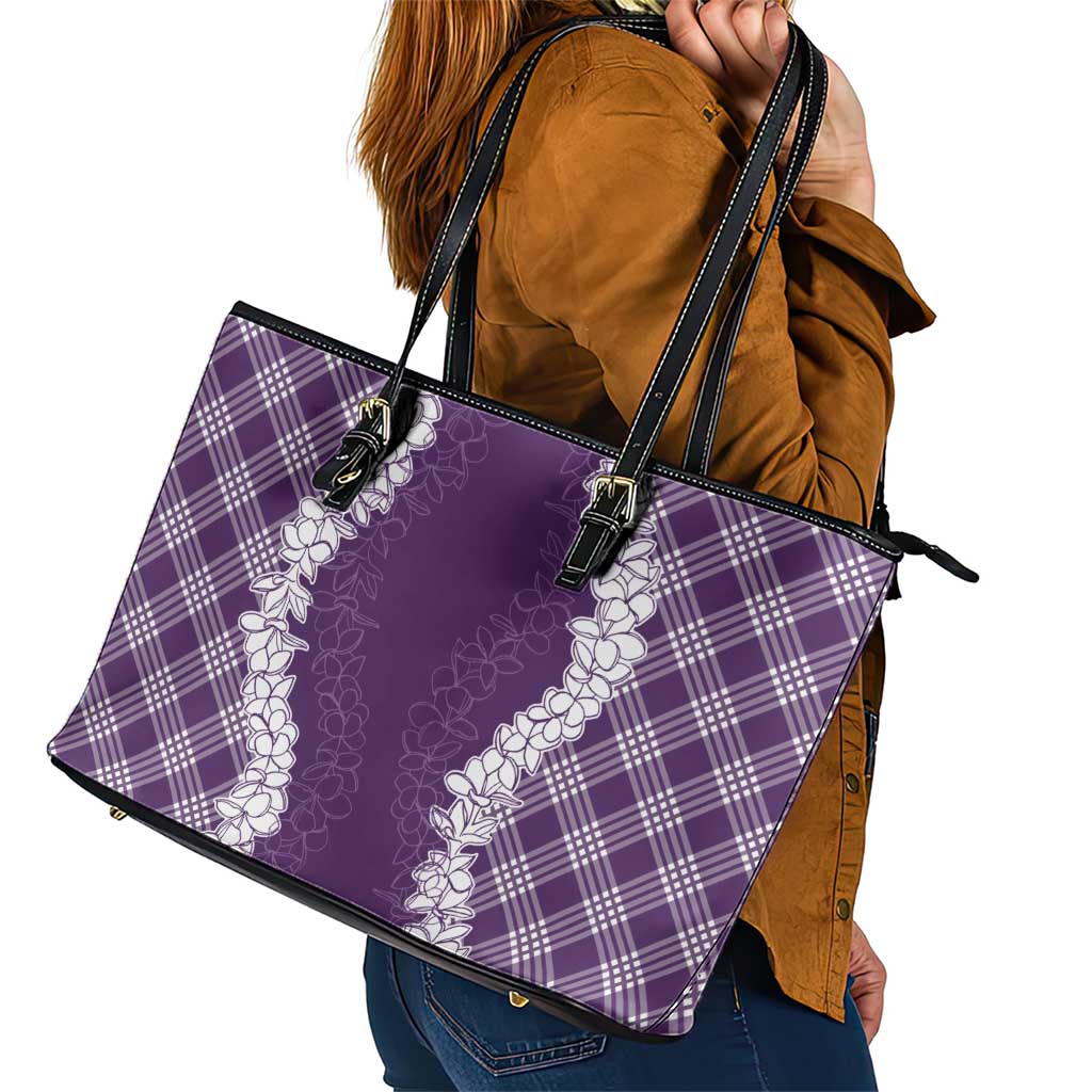 Hawaii Aloha Plumeria Lei Violet Palaka Leather Tote Bag - Polynesian Pride