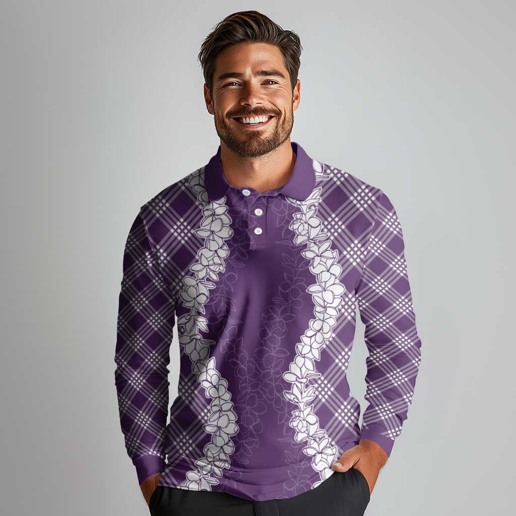 Hawaii Aloha Plumeria Lei Violet Palaka Long Sleeve Polo Shirt LT7 - Polynesian Pride