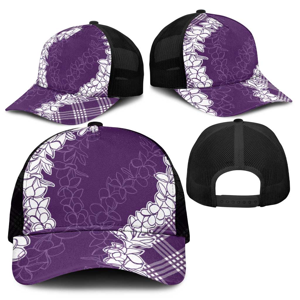 Hawaii Aloha Plumeria Lei Violet Palaka Mesh Trucker Cap - Polynesian Pride