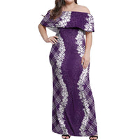 Hawaii Aloha Plumeria Lei Violet Palaka Off Shoulder Maxi Dress - Polynesian Pride