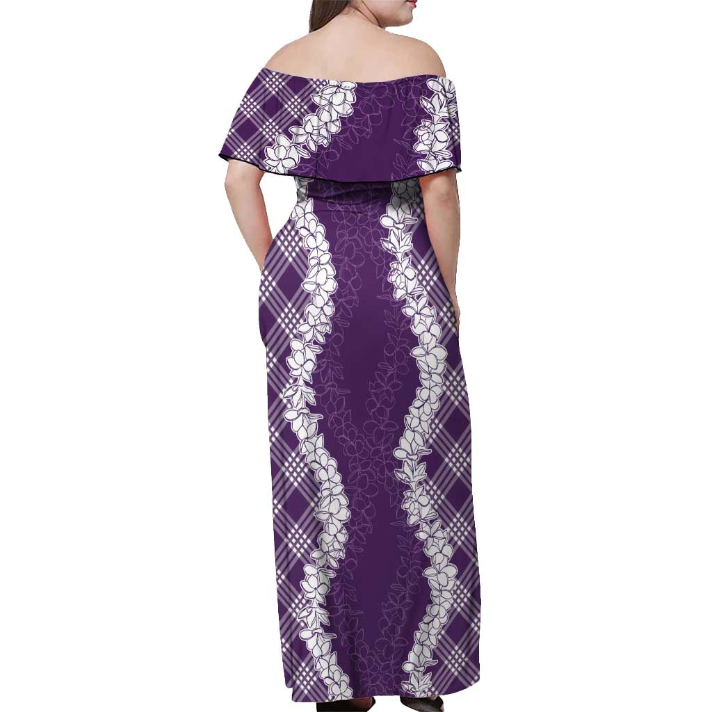 Hawaii Aloha Plumeria Lei Violet Palaka Off Shoulder Maxi Dress - Polynesian Pride