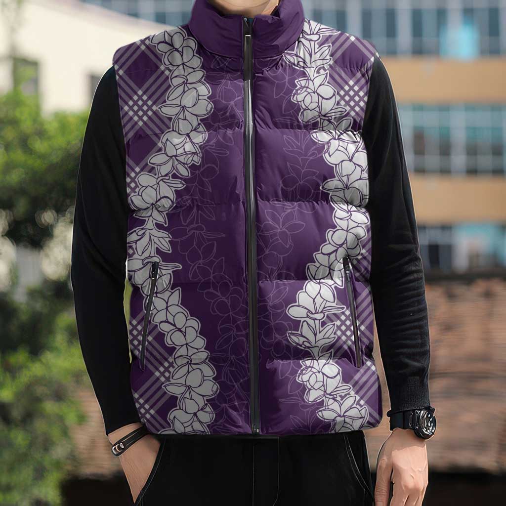 Hawaii Aloha Plumeria Lei Violet Palaka Sleeveless Puffer Jacket LT7 - Polynesian Pride