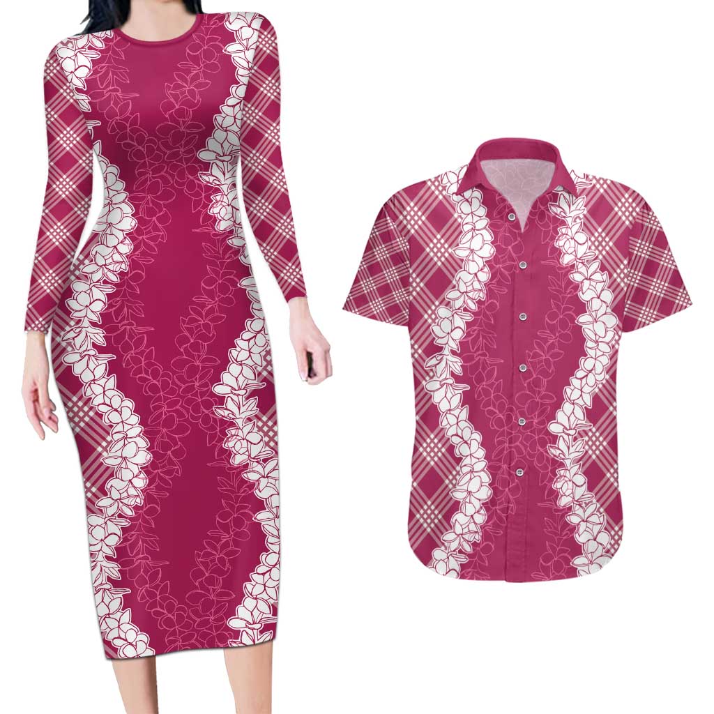 Hawaii Aloha Plumeria Lei Fuschia Palaka Couples Matching Long Sleeve Bodycon Dress and Hawaiian Shirt - Polynesian Pride