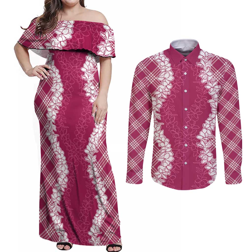 Hawaii Aloha Plumeria Lei Fuschia Palaka Couples Matching Off Shoulder Maxi Dress and Long Sleeve Button Shirt - Polynesian Pride