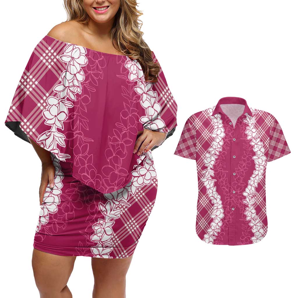 Hawaii Aloha Plumeria Lei Fuschia Palaka Couples Matching Off Shoulder Short Dress and Hawaiian Shirt - Polynesian Pride