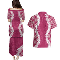 Hawaii Aloha Plumeria Lei Fuschia Palaka Couples Matching Puletasi and Hawaiian Shirt - Polynesian Pride