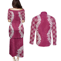 Hawaii Aloha Plumeria Lei Fuschia Palaka Couples Matching Puletasi and Long Sleeve Button Shirt LT7 - Polynesian Pride