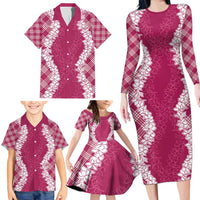 Hawaii Aloha Plumeria Lei Fuschia Palaka Family Matching Long Sleeve Bodycon Dress and Hawaiian Shirt - Polynesian Pride