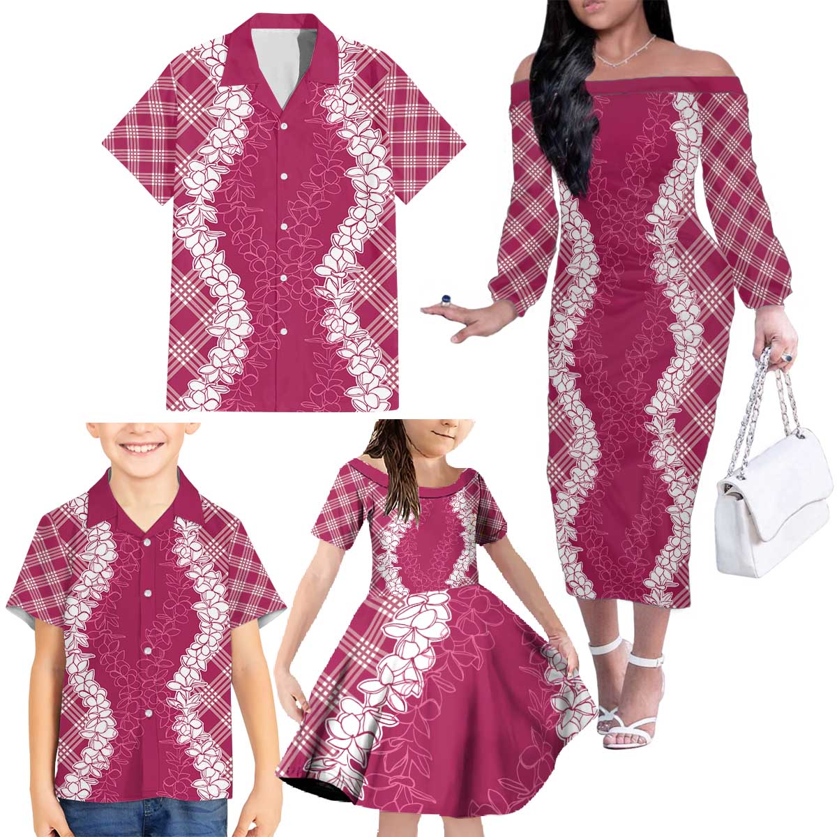 Hawaii Aloha Plumeria Lei Fuschia Palaka Family Matching Off The Shoulder Long Sleeve Dress and Hawaiian Shirt - Polynesian Pride