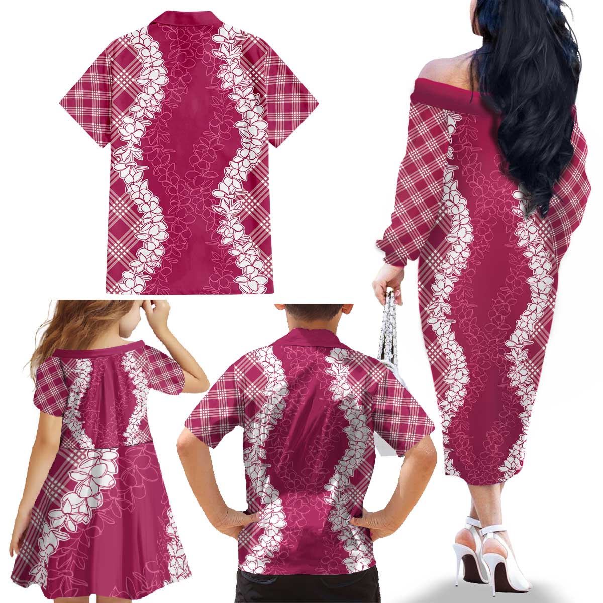 Hawaii Aloha Plumeria Lei Fuschia Palaka Family Matching Off The Shoulder Long Sleeve Dress and Hawaiian Shirt - Polynesian Pride