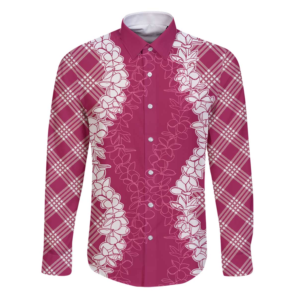 Hawaii Aloha Plumeria Lei Fuschia Palaka Family Matching Off The Shoulder Long Sleeve Dress and Hawaiian Shirt - Polynesian Pride