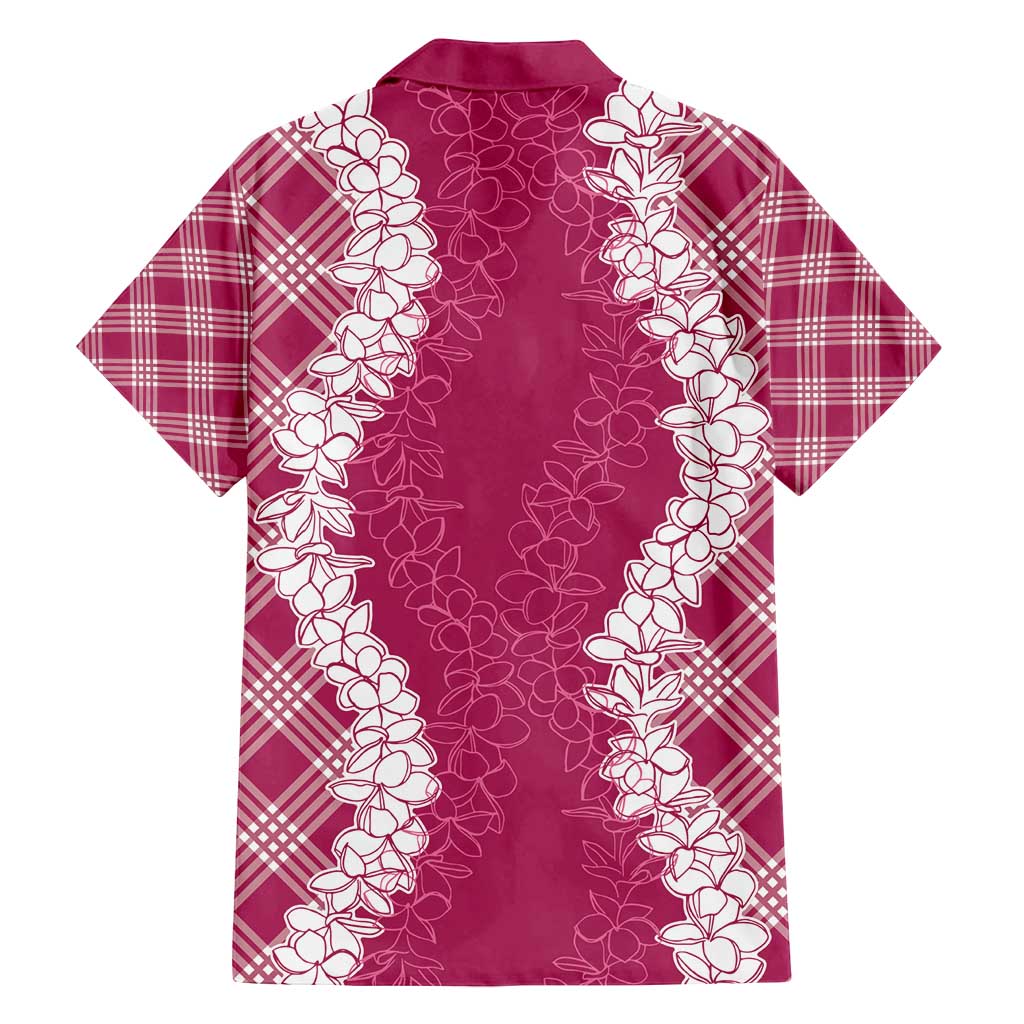 Hawaii Aloha Plumeria Lei Fuschia Palaka Family Matching Off Shoulder Short Dress and Hawaiian Shirt - Polynesian Pride