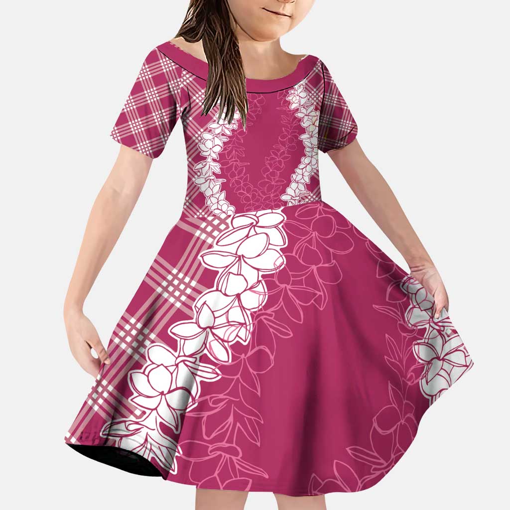Hawaii Aloha Plumeria Lei Fuschia Palaka Family Matching Puletasi and Hawaiian Shirt LT7 Daughter's Dress Fuschia - Polynesian Pride