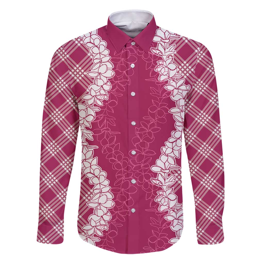 Hawaii Aloha Plumeria Lei Fuschia Palaka Family Matching Puletasi and Hawaiian Shirt LT7 Dad's Shirt - Long Sleeve Fuschia - Polynesian Pride
