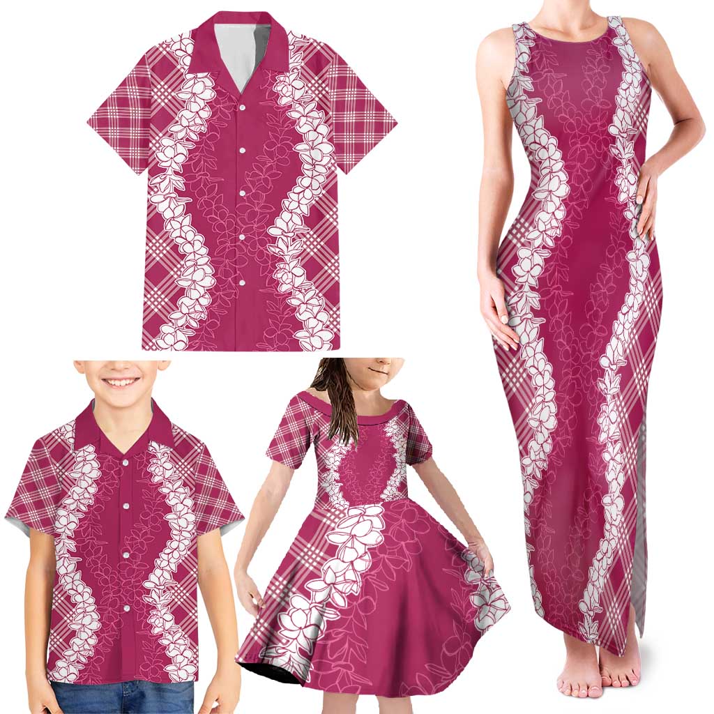 Hawaii Aloha Plumeria Lei Fuschia Palaka Family Matching Tank Maxi Dress and Hawaiian Shirt - Polynesian Pride