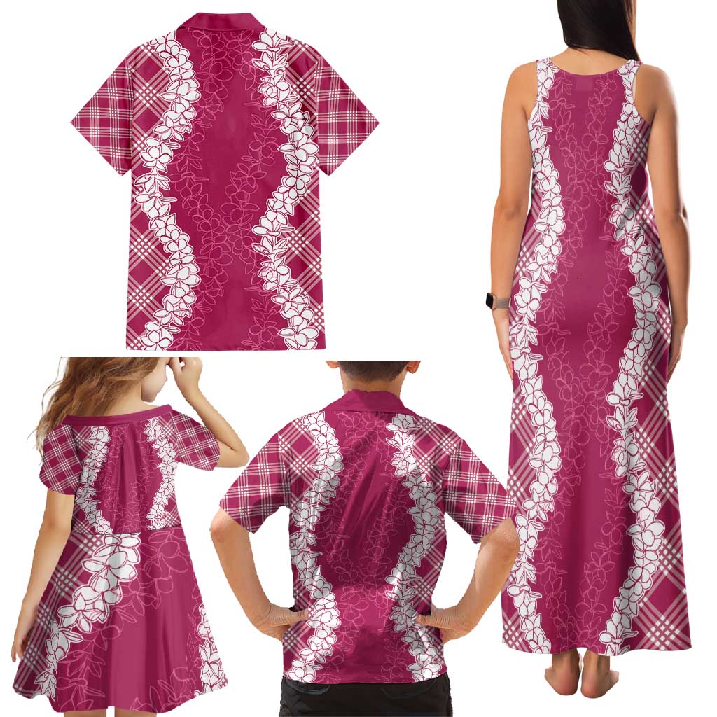 Hawaii Aloha Plumeria Lei Fuschia Palaka Family Matching Tank Maxi Dress and Hawaiian Shirt - Polynesian Pride
