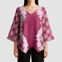 Hawaii Aloha Plumeria Lei Fuschia Palaka Kimono Sleeve Blouse LT7 - Polynesian Pride