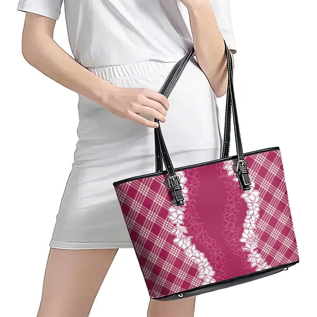 Hawaii Aloha Plumeria Lei Fuschia Palaka Leather Tote Bag - Polynesian Pride