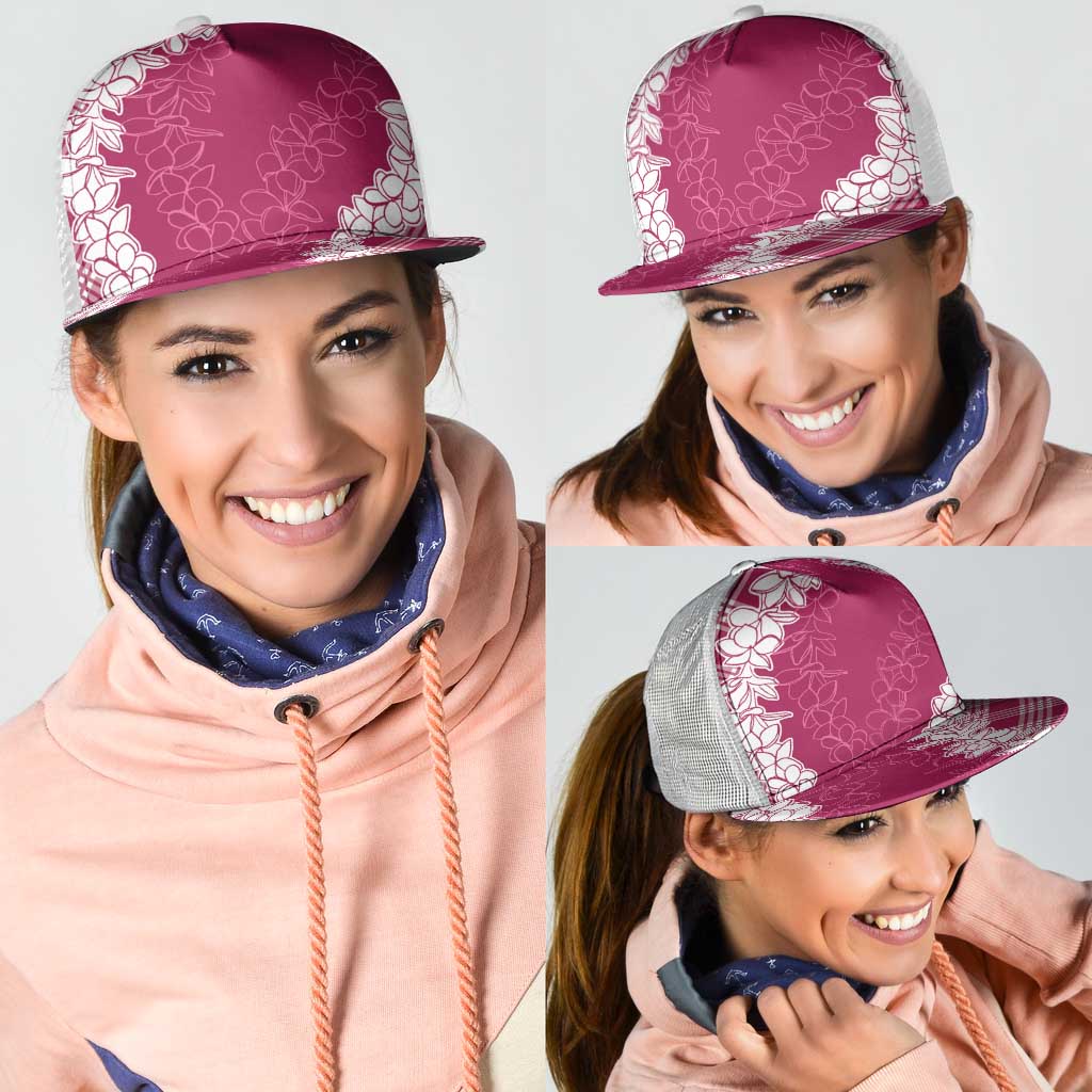 Hawaii Aloha Plumeria Lei Fuschia Palaka Mesh Trucker Cap - Polynesian Pride