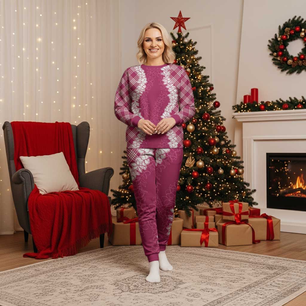 Hawaii Aloha Plumeria Lei Fuschia Palaka Christmas Pajama Set LT7 Women Fuschia - Polynesian Pride
